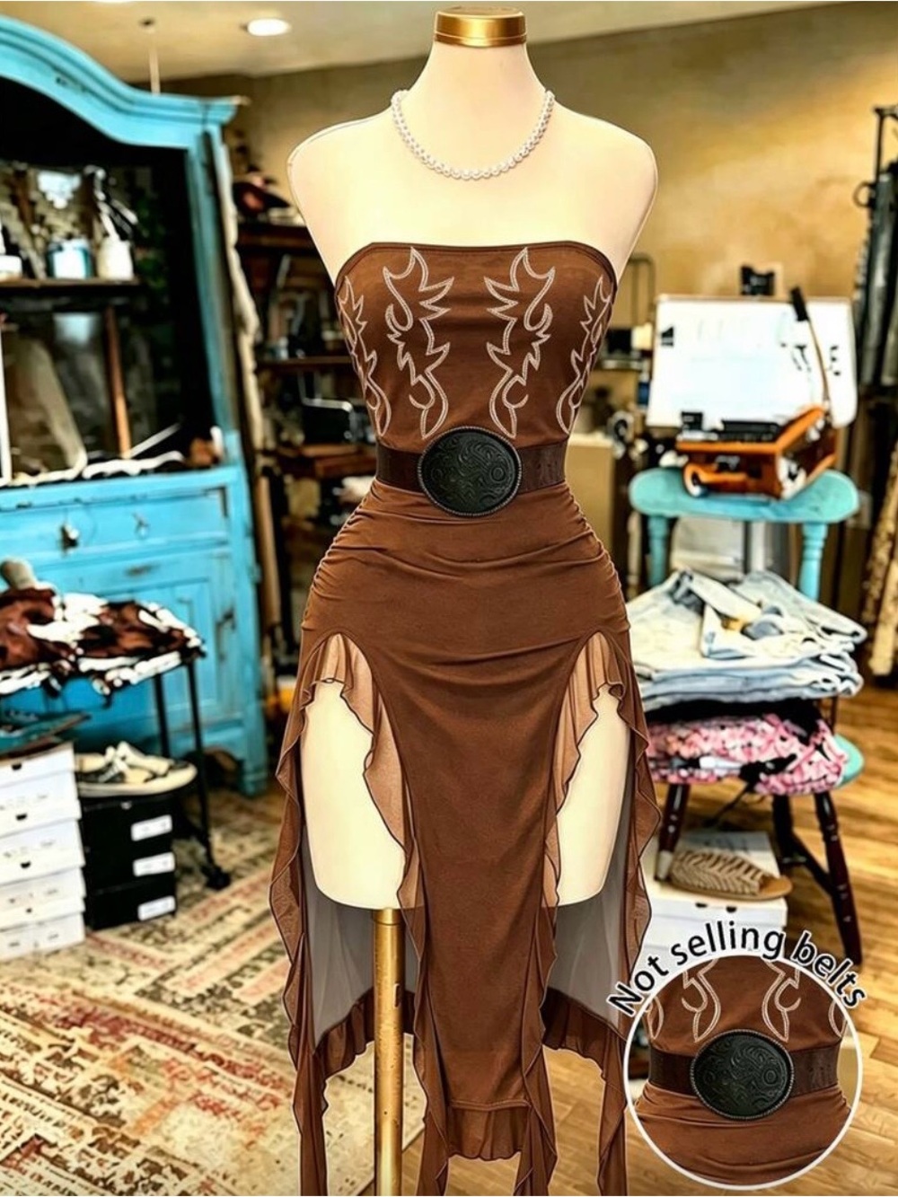 Strapless Brown Asymmetrical Boho Skirt with Decorative Belt Accent